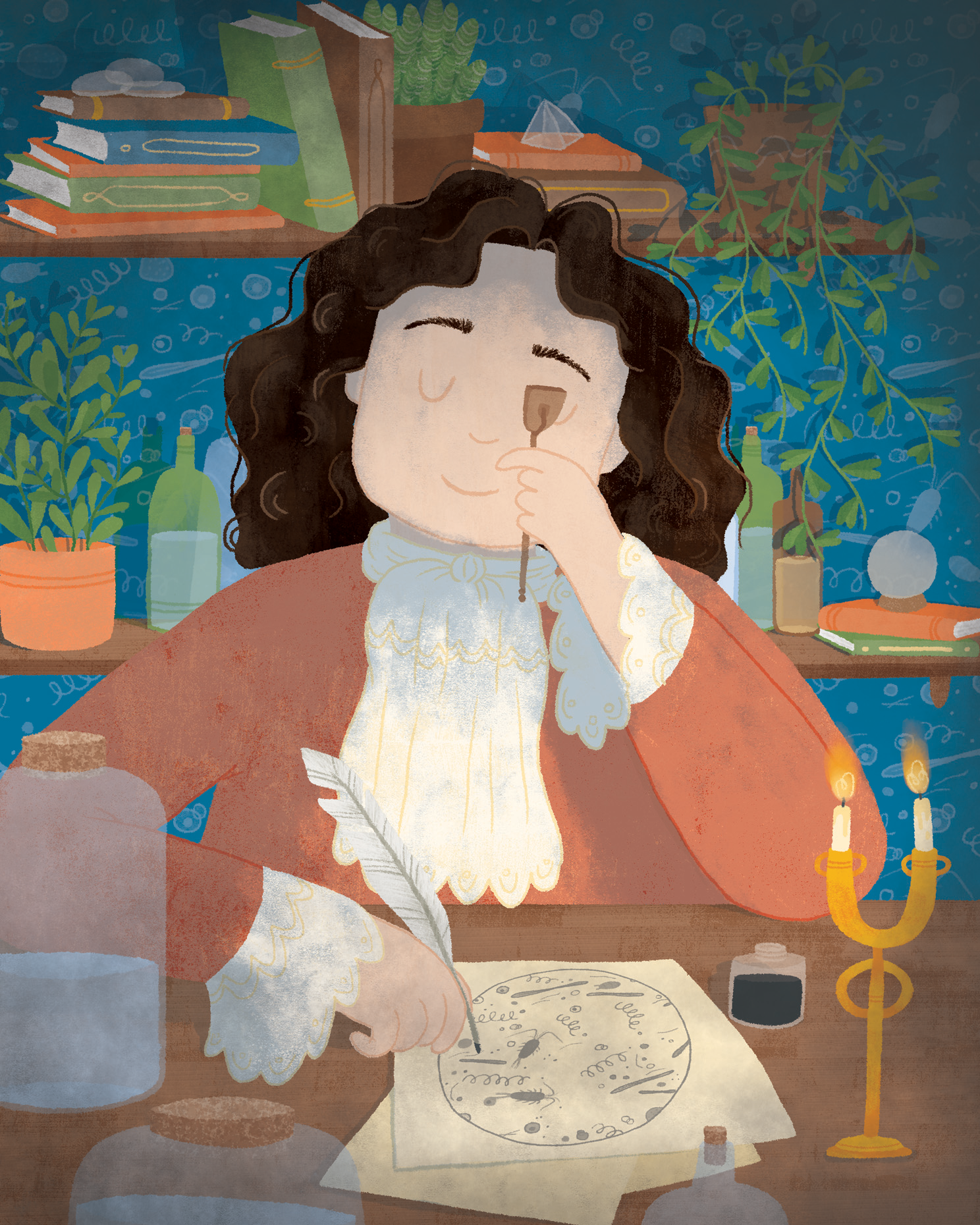 A person with curly hair reading a book while sitting at a table surrounded by books, plants, and candles, with a cluttered bookshelf in the background.
