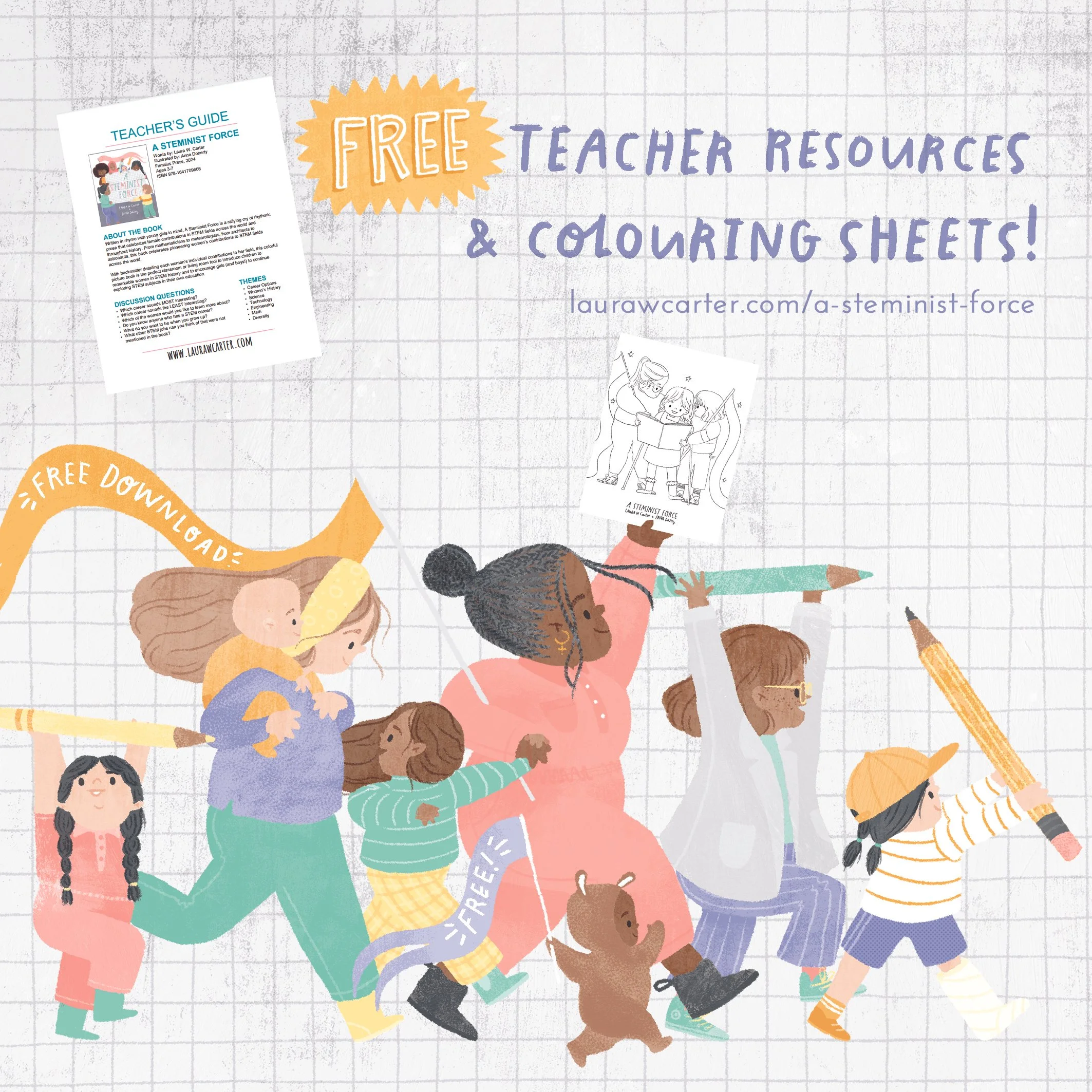 A colorful digital illustration promoting free teacher resources and coloring sheets, featuring children drawing and reading, with a book titled 'Teacher's Guide' and various themed graphics.