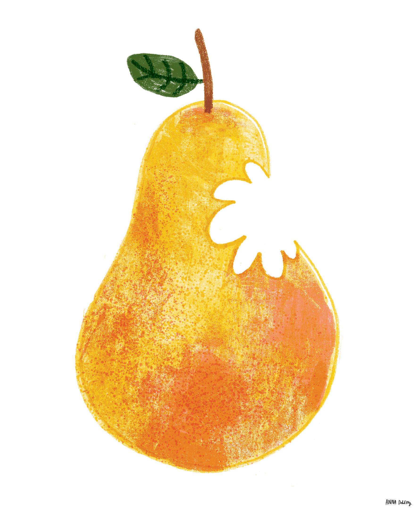A watercolor illustration of a yellow pear, against a white background. The pear has an orange hue blending into its body and a red-orange beak. The artist's signature, Anna Doherty, is in the bottom right corner.