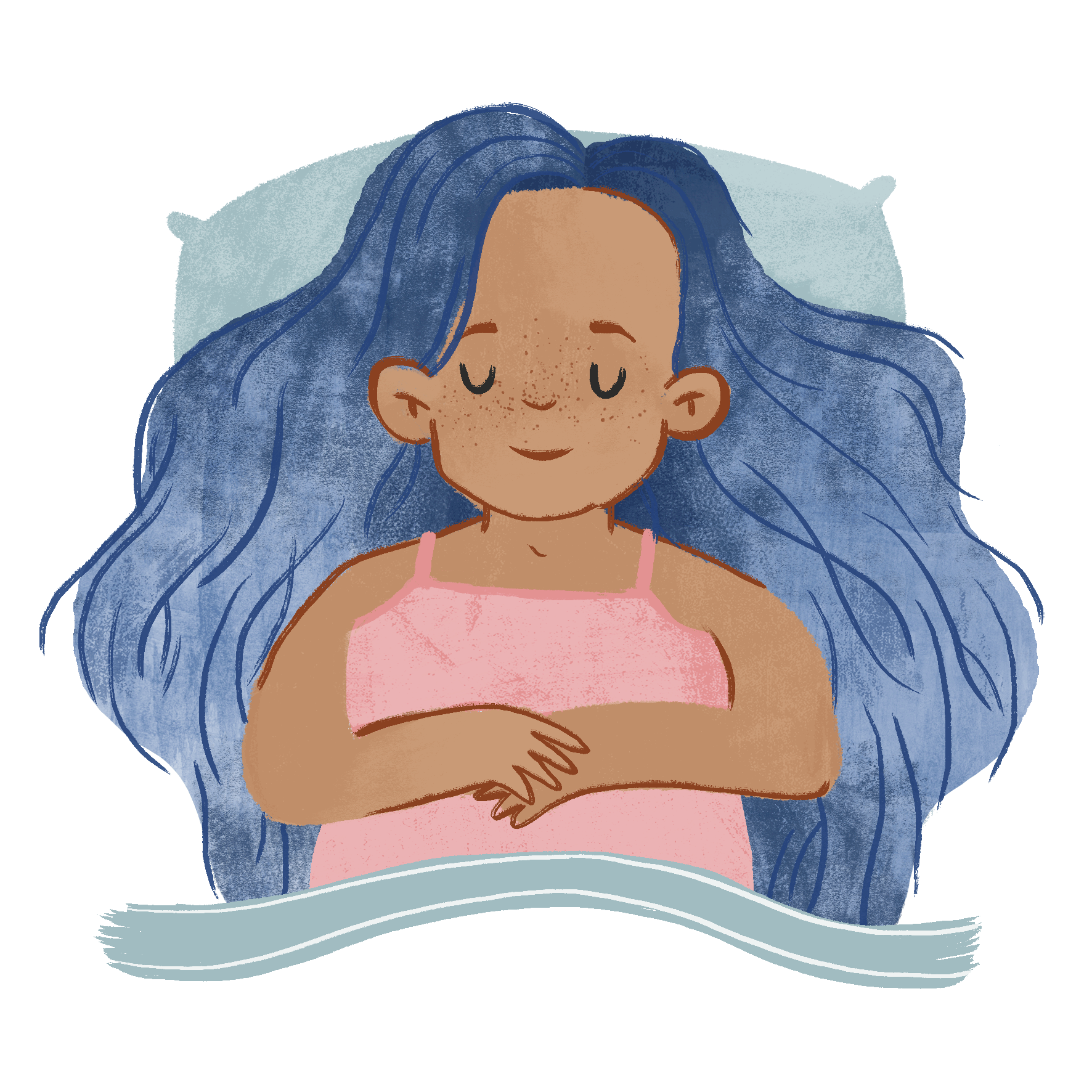 A young girl with long blue hair, her eyes closed, smiling peacefully, sitting in bed with arms crossed over her chest, wearing a pink tank top.