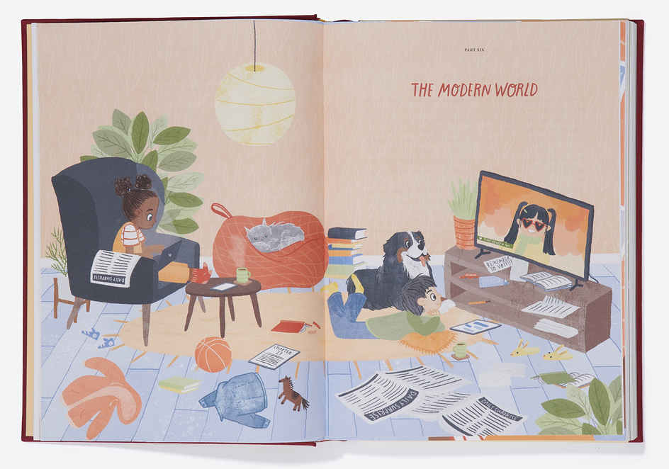 Kids watching a video on a TV in a cluttered living room with a dog, cat, and scattered papers.