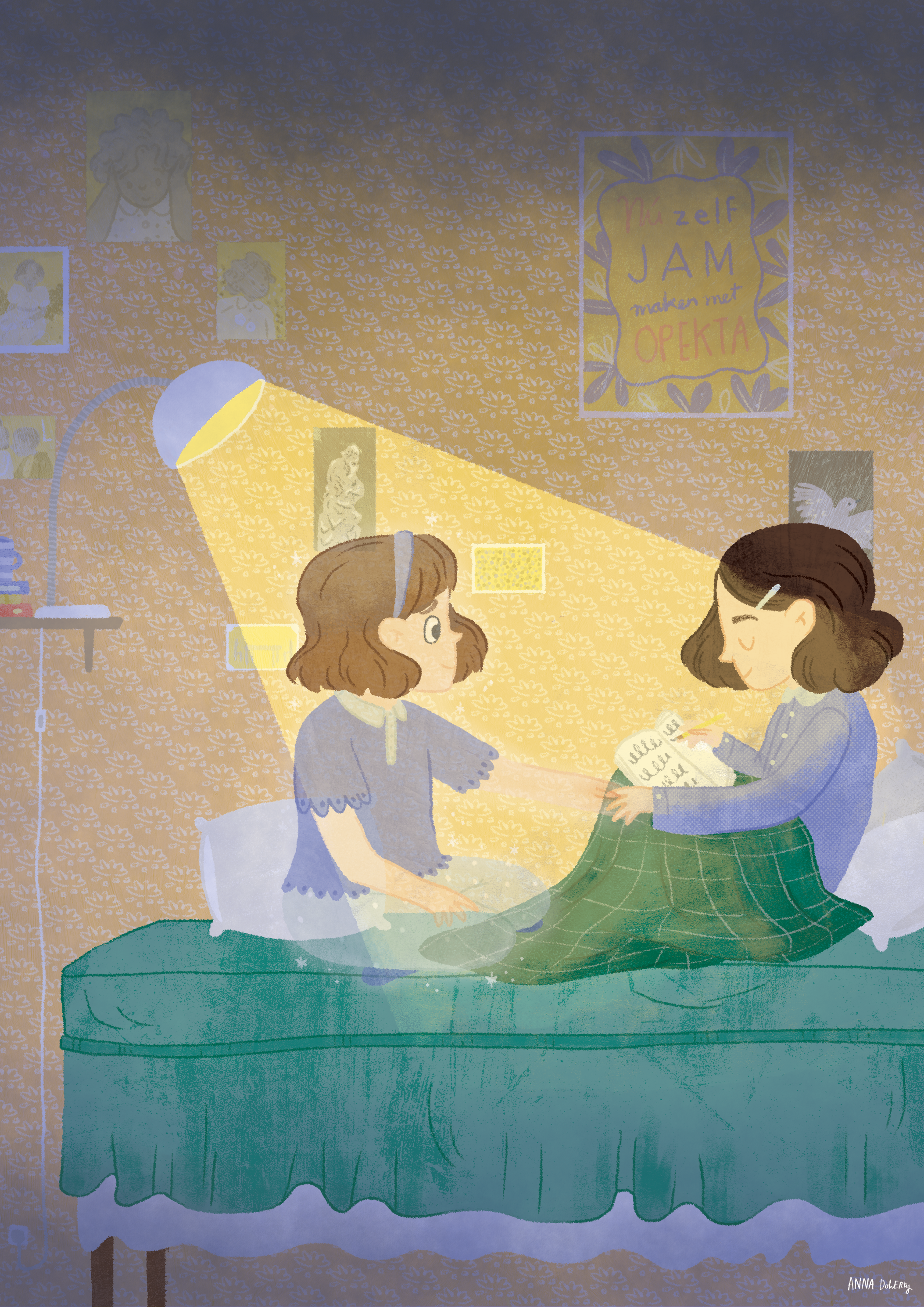Two girls are sitting on a bed, having a conversation. One girl has her hands on her lap, and the other girl is writing in a notebook. The room features pictures on the wall, a lamp casting light, and a poster that reads, 'No Zelf Jam maken met Opeka.'