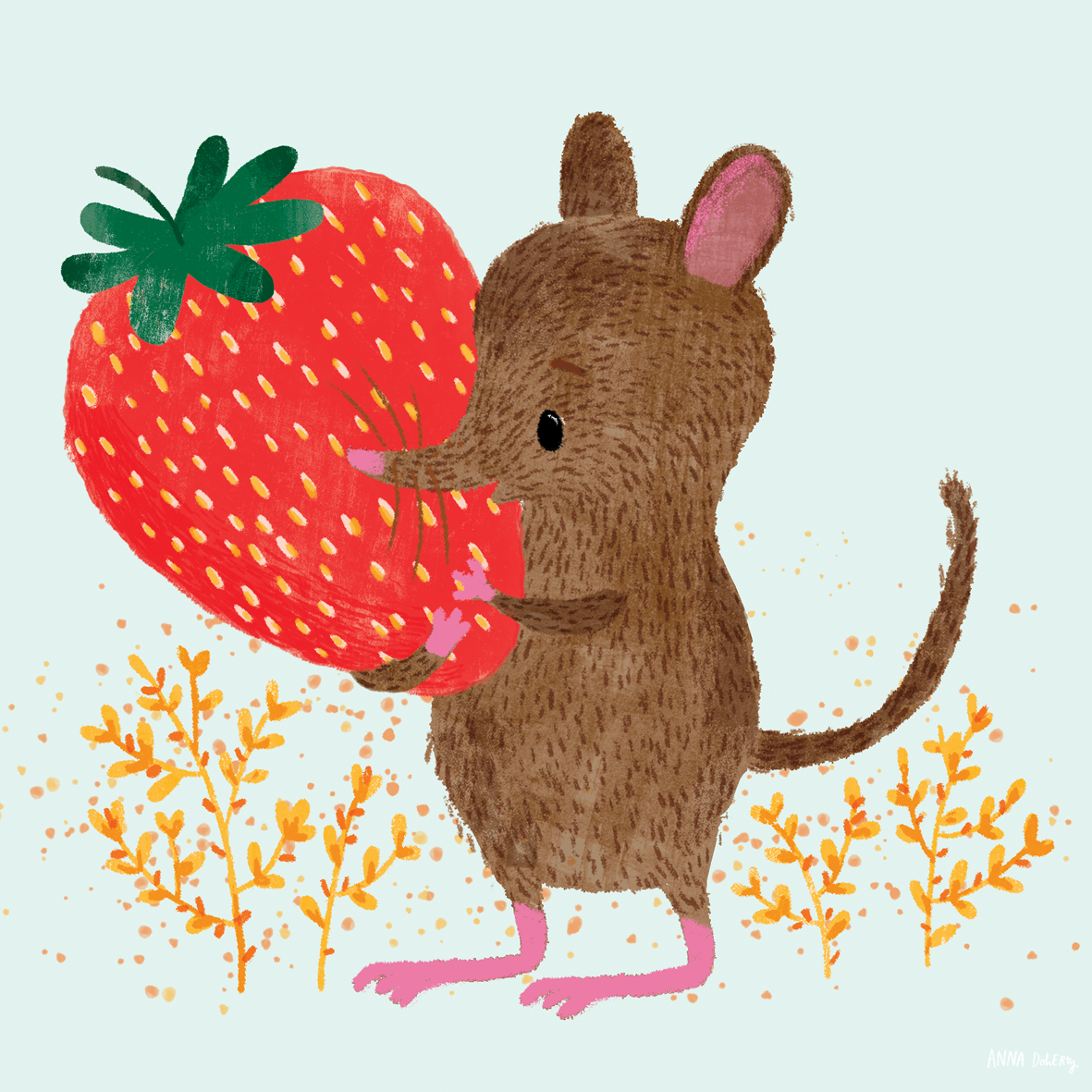 Cute illustration of a small brown mouse holding a large strawberry with green leaves, pink paws, and pink inside its ears, standing among orange plants.