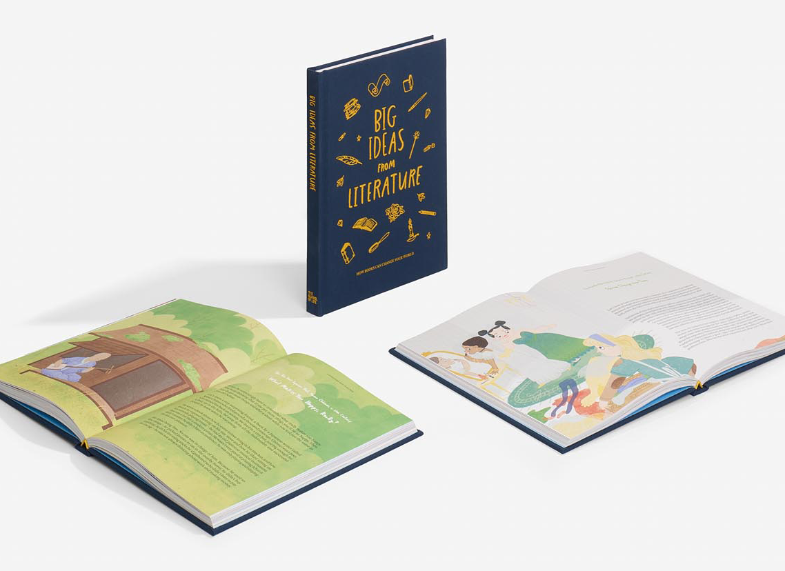 Open children's books and a hardcover book titled "Big Ideas from Literature" on a white background.