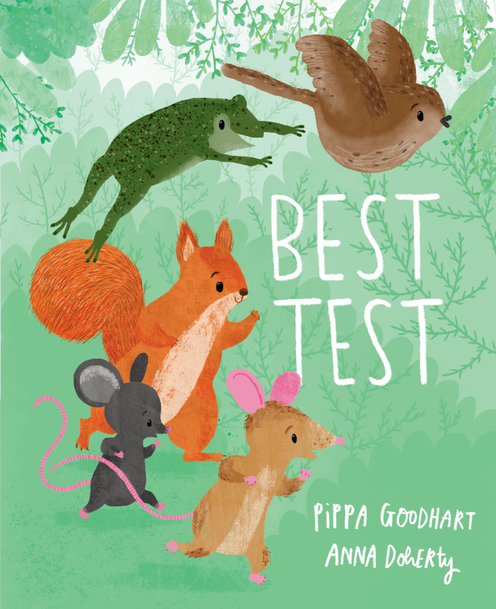 Illustration of various animals, including a crocodile, bird, squirrel, mouse, and mole, in a green forest with the text 'Best Test'.
