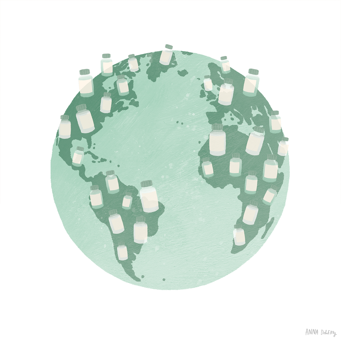 Illustration of a globe with bottles of pills scattered across all continents.
