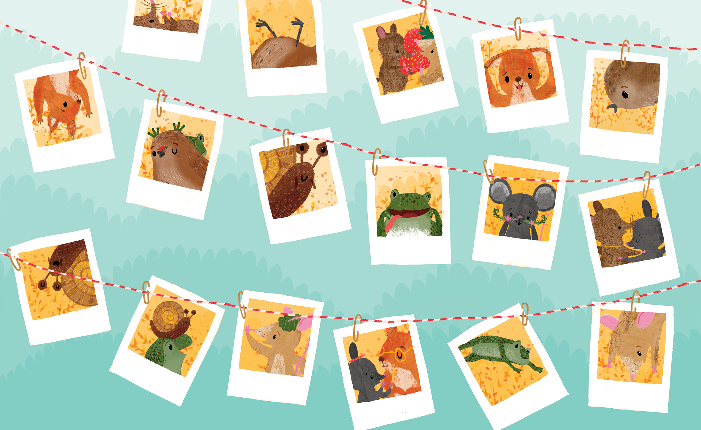 Colorful illustrated animals hanging on a clothesline against a blue sky background. The animals include a fox, a mole, a bear, a frog, a mouse, a hedgehog, a rabbit, and other woodland creatures, each depicted in a cute, cartoon style.