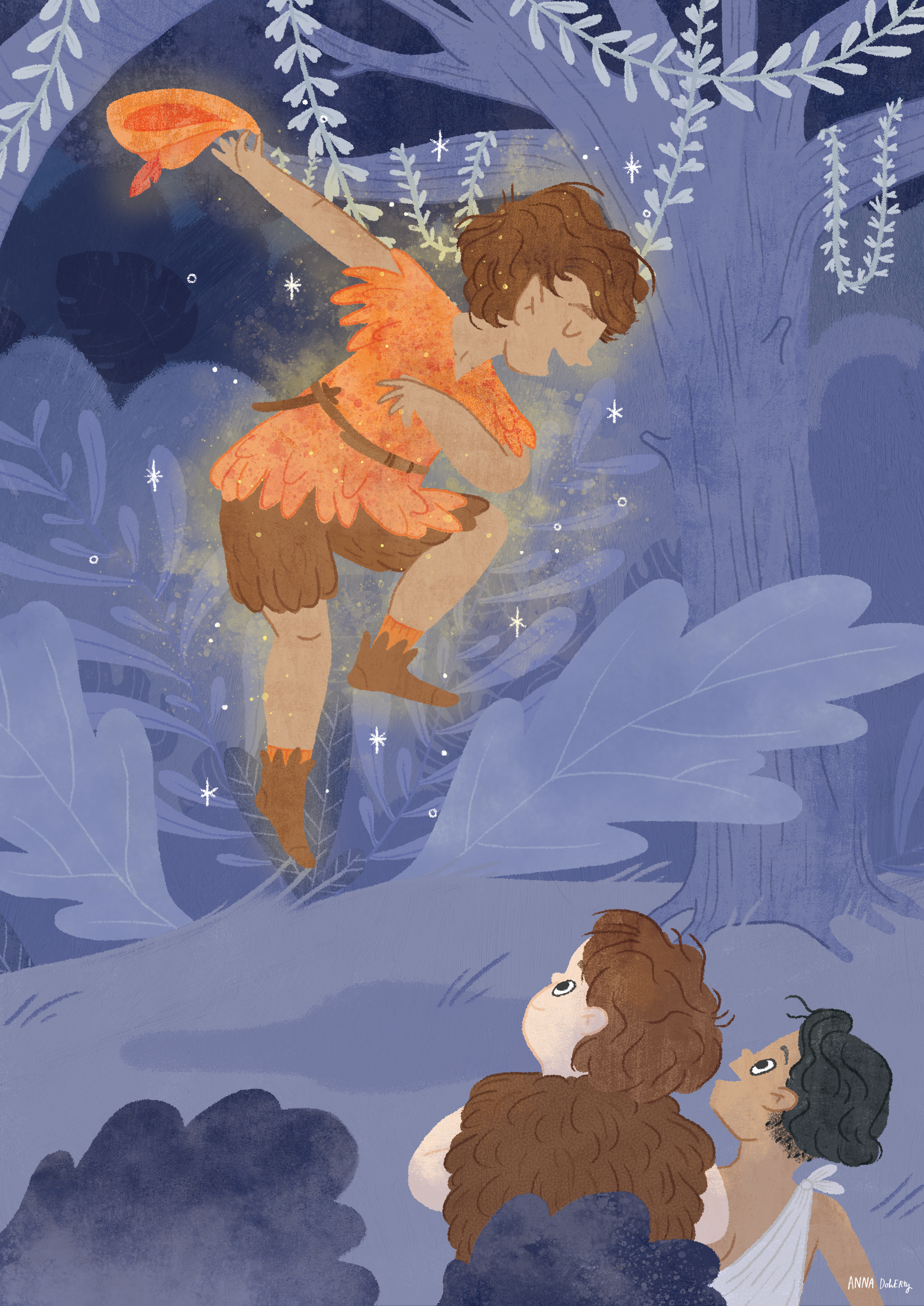Illustration of two children, a girl with long curly hair and a girl with short curly hair, standing in a dark, blue forest surrounded by clouds and leaves. The girl with long hair is looking up at a fairy with orange wings, wearing an orange dress with leaf patterns, who is reaching out with an outstretched arm holding a small object. The scene has a magical, whimsical atmosphere.