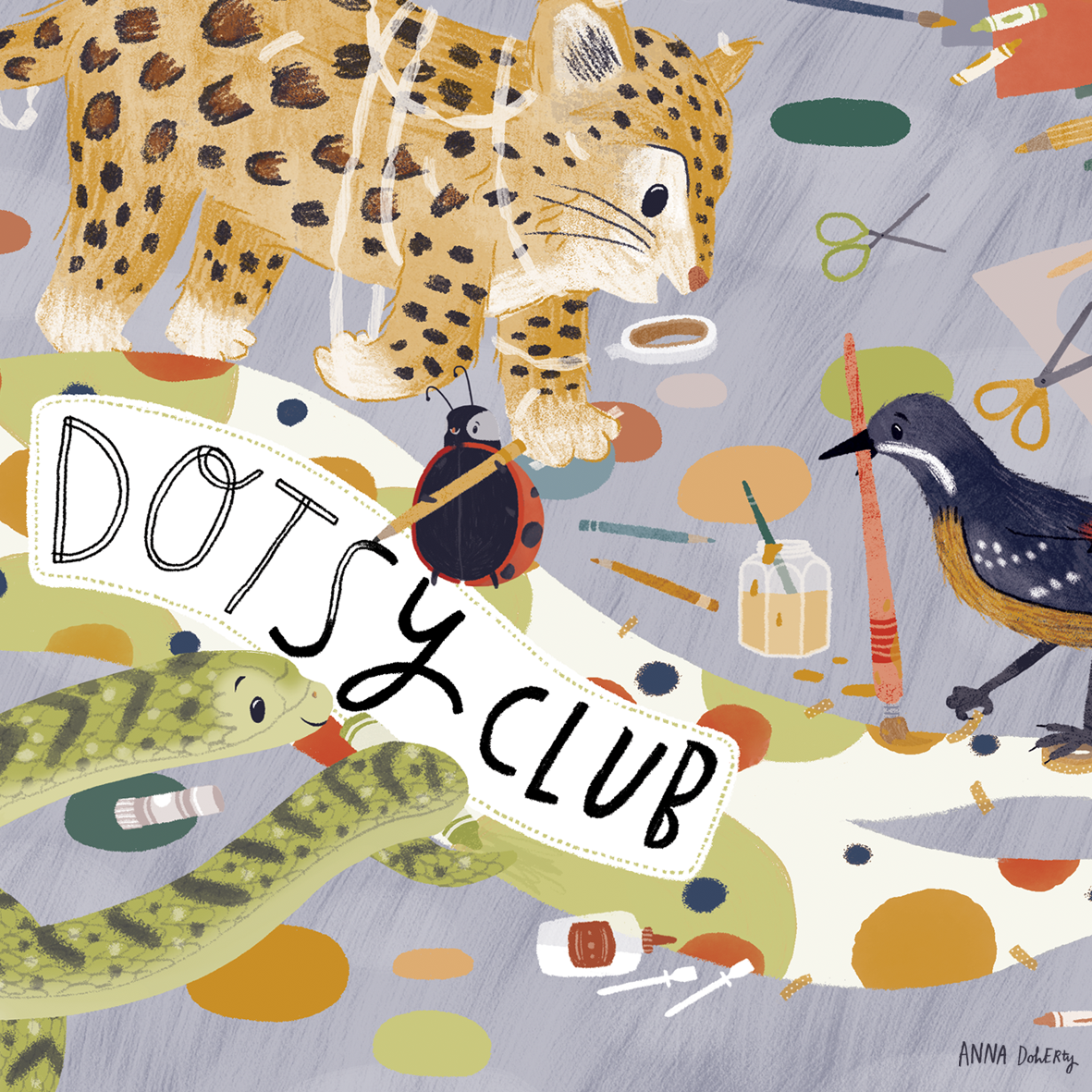 Illustration of a children's arts and crafts scene with a leopard, a bird, a snake, and various art supplies. There is a sign that reads "Doggy Club."