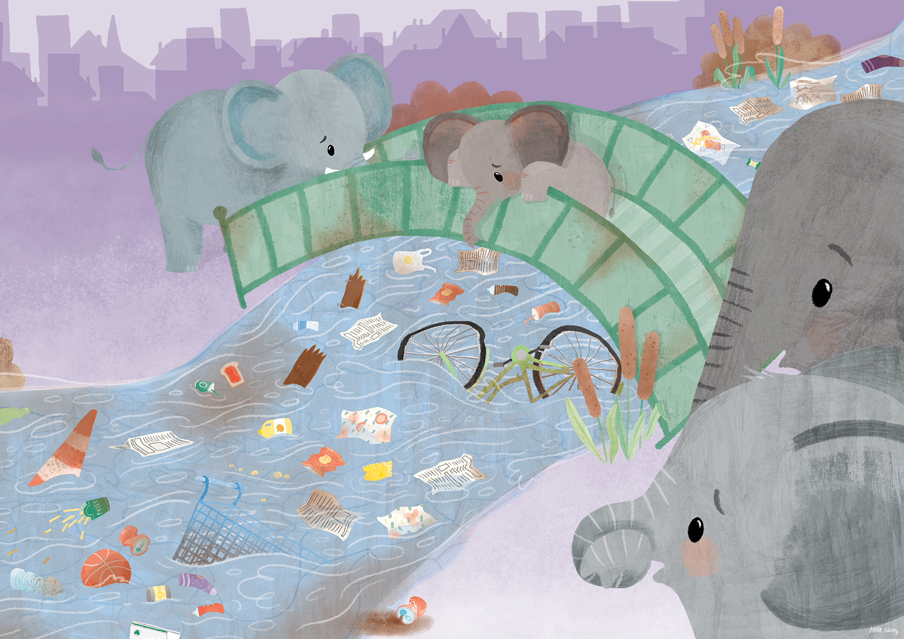 Two elephants, one gray and one brown, cross a damaged green bridge over a polluted river filled with trash, such as paper, bottles, cans, and a bicycle, in an urban setting with a silhouette of city buildings in the background.