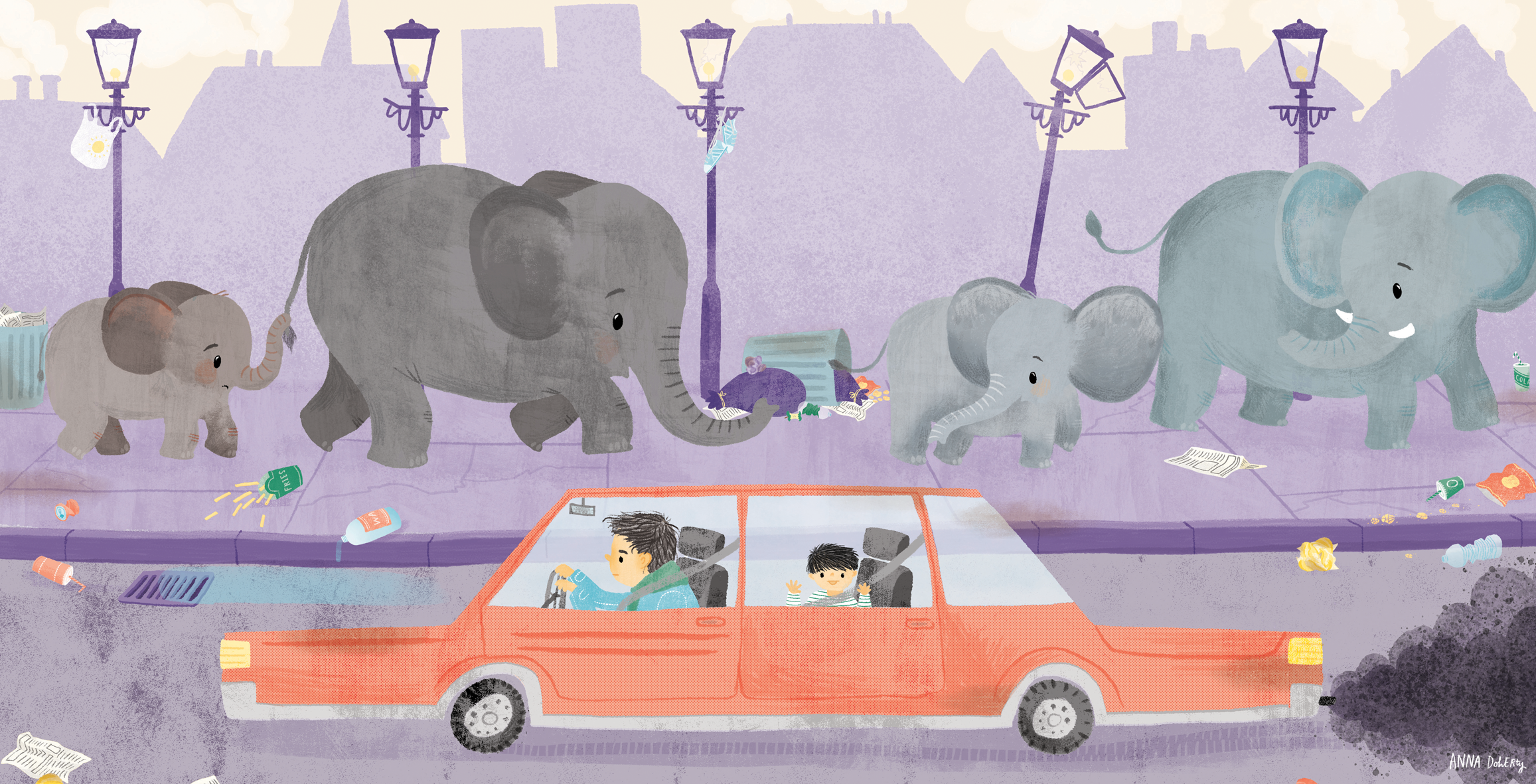 Illustration of a city sidewalk with five elephants walking, each with distinct colors and accessories, amid scattered trash and litter. Below, a red car with two children inside drives past, against a background of pastel buildings and street lamps.