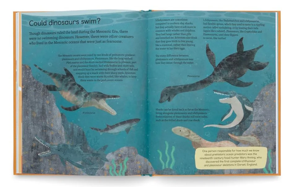 An illustrated children's book page discussing prehistoric aquatic animals, featuring sharks, ichthyosaurs, and plesiosaurs swimming underwater, with text and colorful drawings.