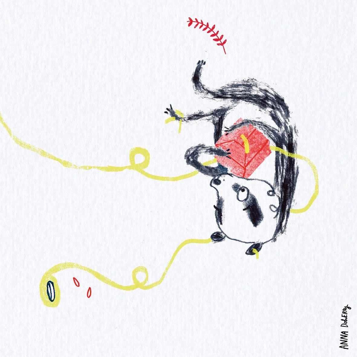Hand-drawn illustration of a badger holding a red present yellow tape attached, on white paper.