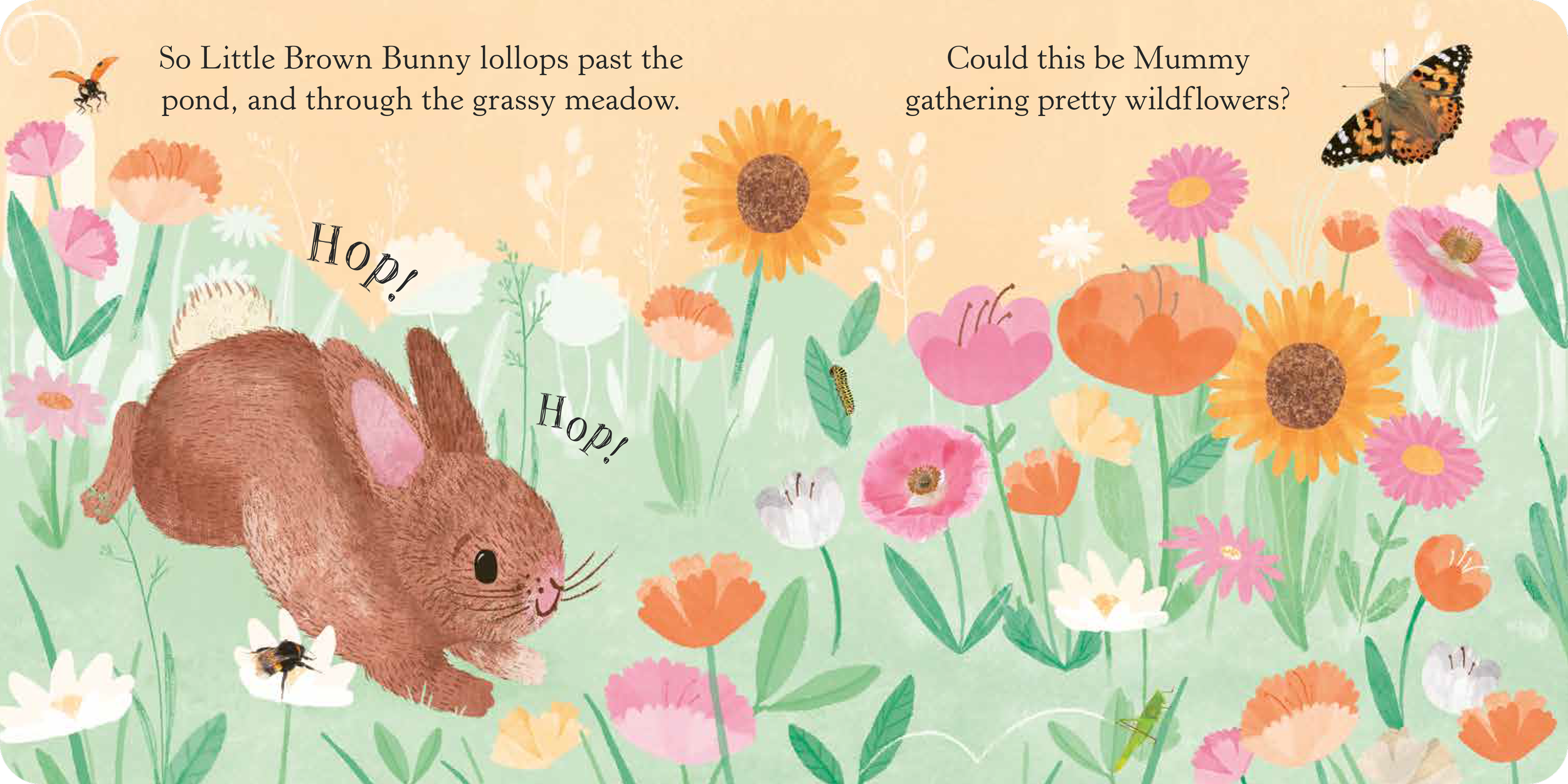 An illustrated scene of a brown bunny hopping through a colorful meadow full of pink, orange, and white flowers, with bees and a butterfly flying nearby. The background is a soft beige with text and a singing bunny.