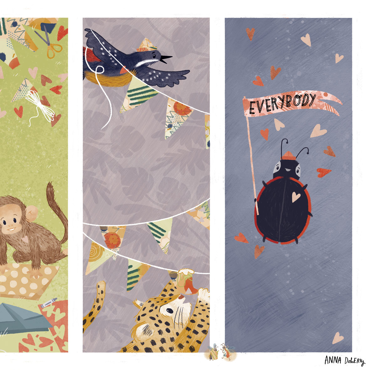 Three vertical panels with illustrations of animals celebrating, including a monkey, a bird, a leopard, and a ladybug. The scene features colorful hearts, bunting, and the word "EVERYBODY" on a banner.