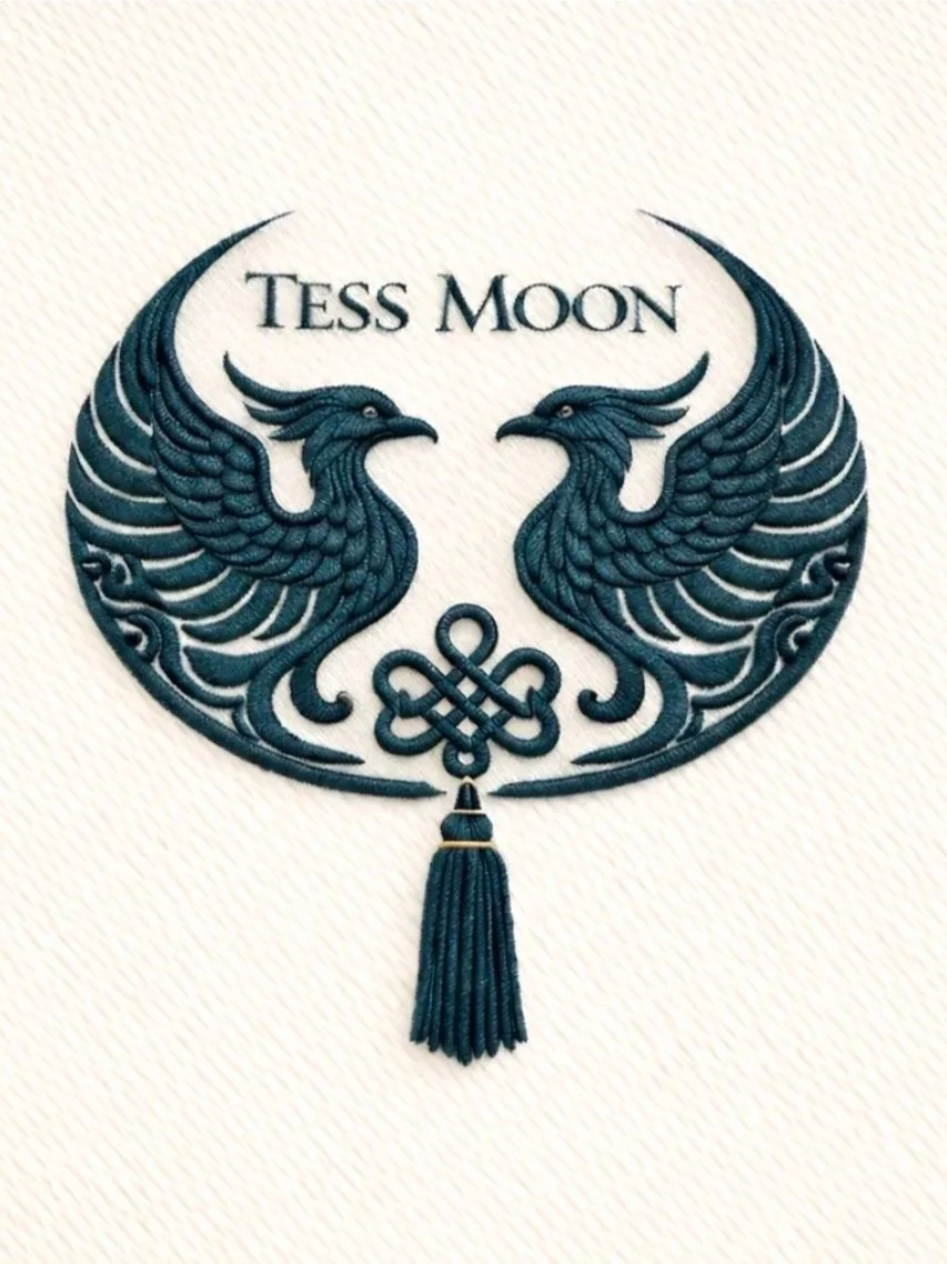 Embroidery patch featuring two symmetrical phoenixes facing each other with a central decorative knot and tassel, and the words 'Tess Moon' above.