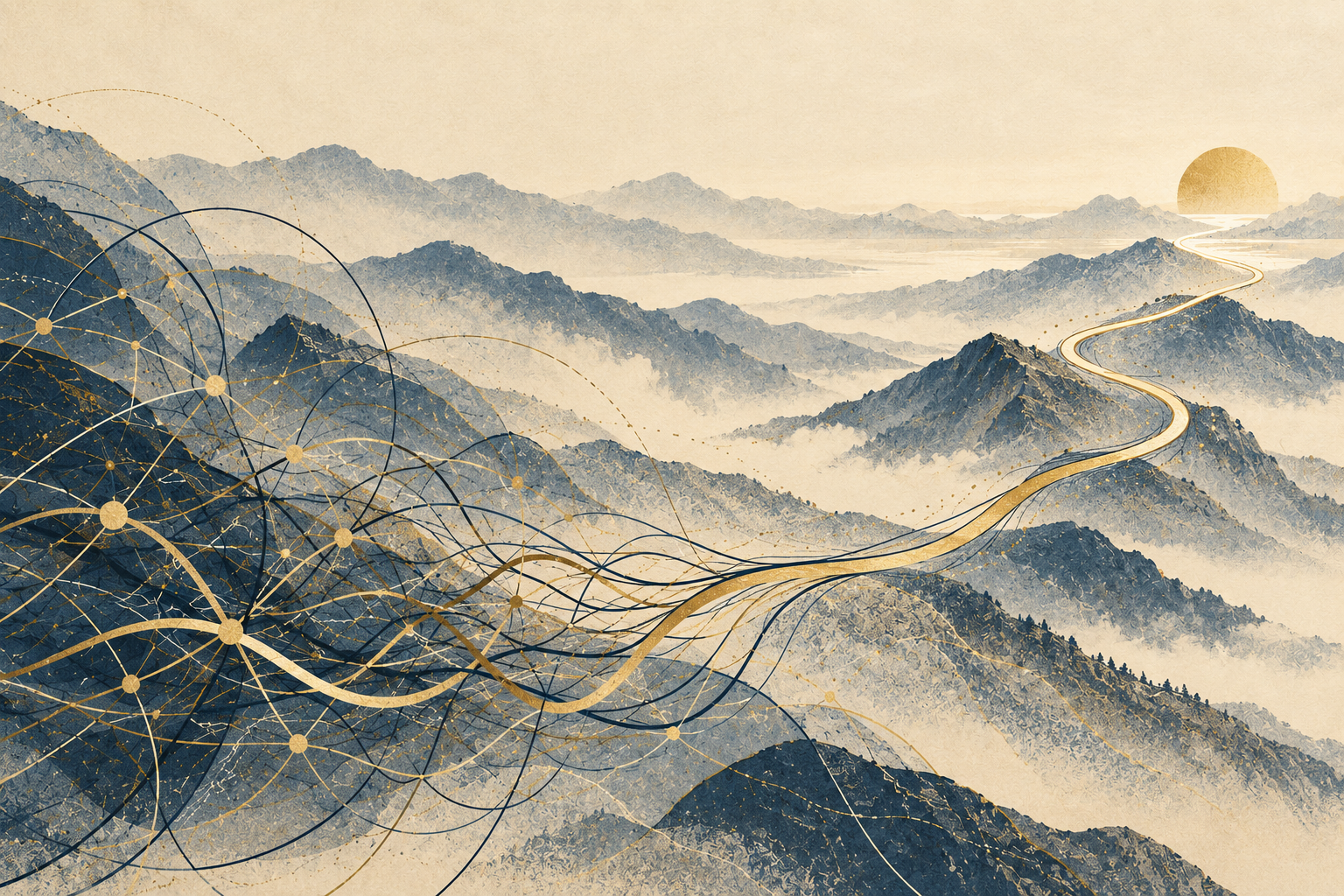Mountain landscape illustrating a path through complexity towards clarity