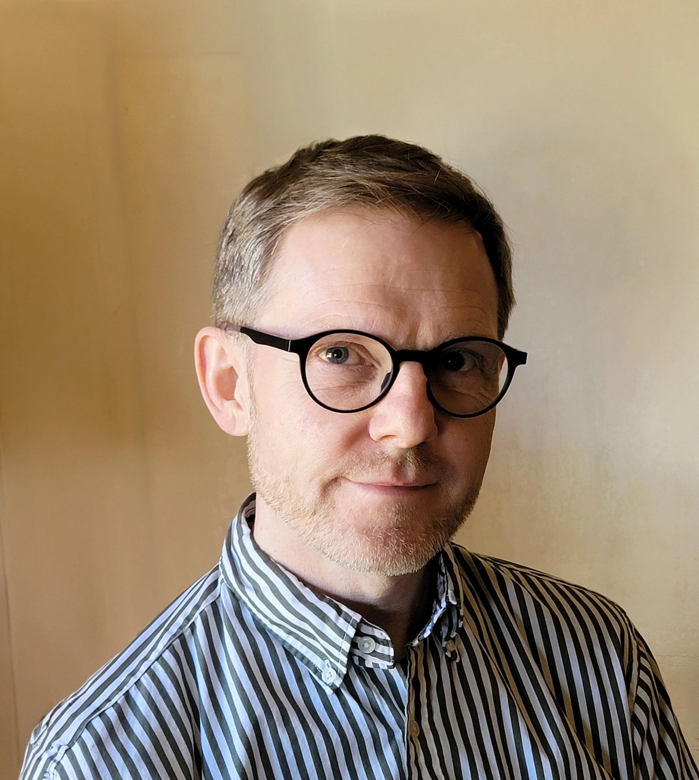 Close-up of a man's face wearing black-rimmed glasses, short brown hair with gray streaks, and a striped shirt. The background is plain beige.