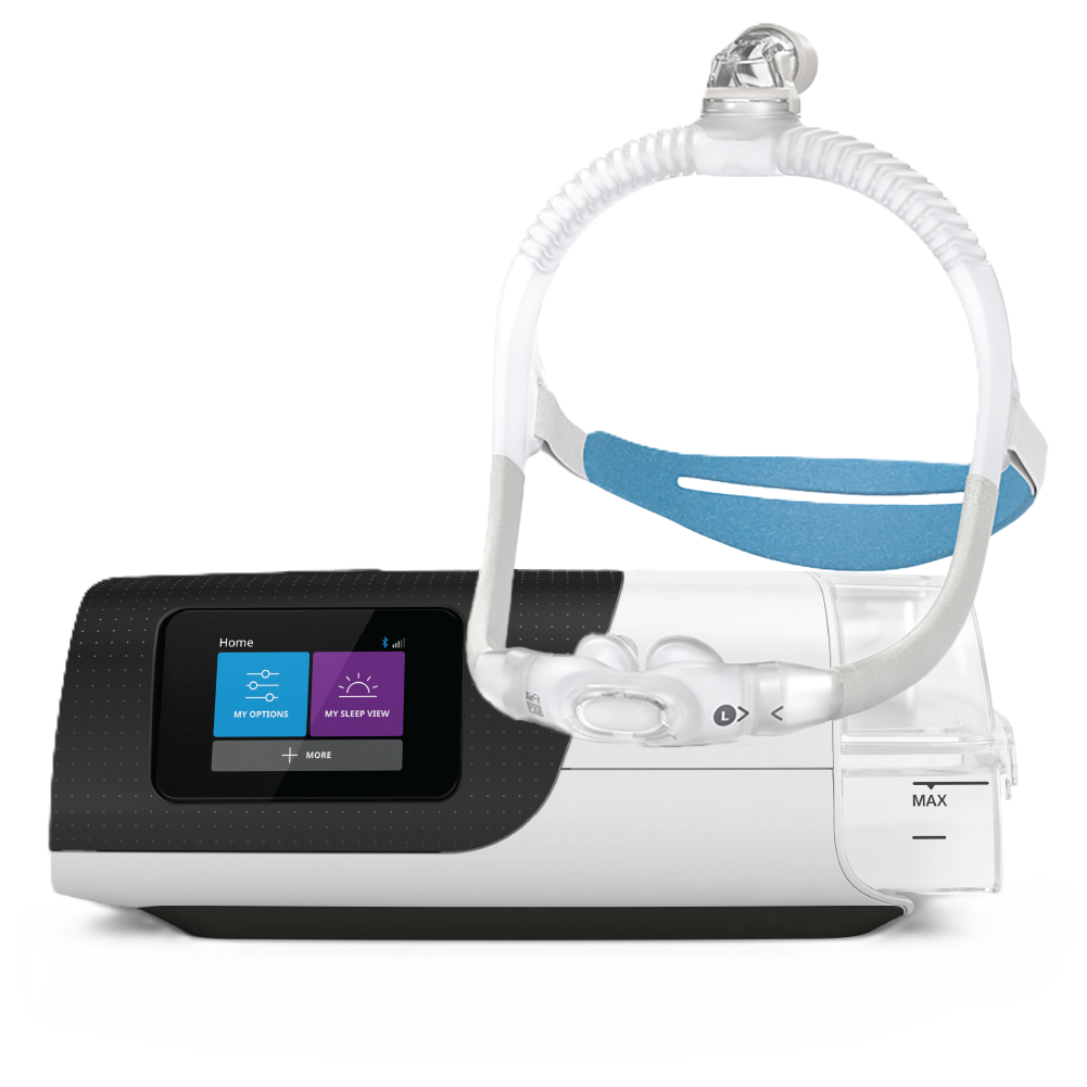 an image of a resmed cpap machine with a nasal delivery unit