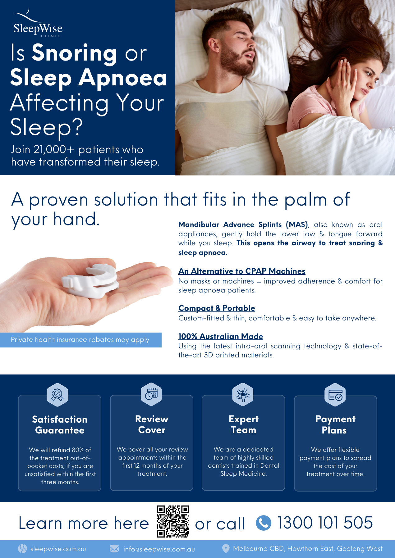 SleepWise Clinic produced a patient flyer explaining how oral appliances can help you reduce your snoring comfortably for partners to sleep soundly