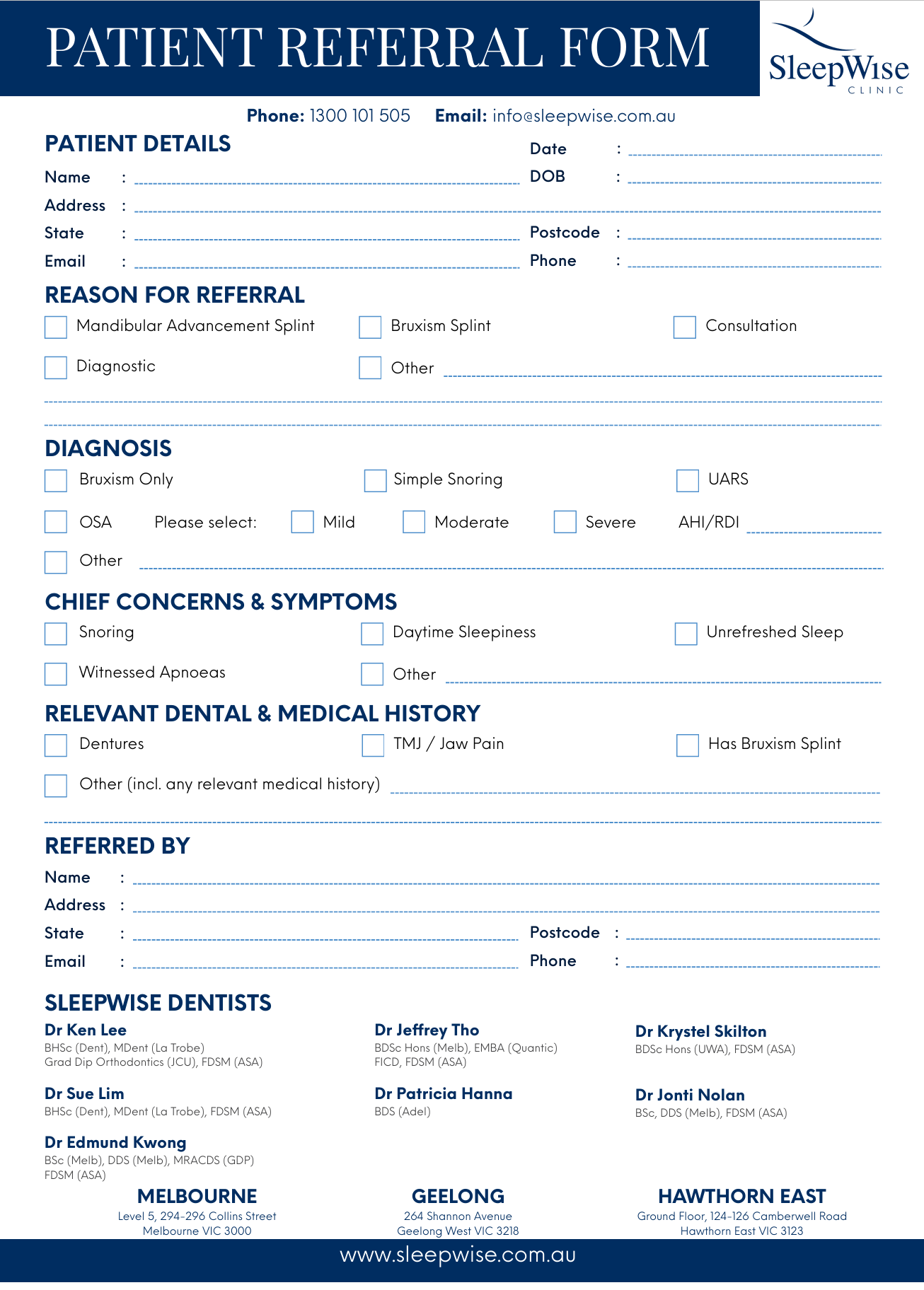 SleepWise Clinic patient referral printable pdf version for easy referring of patients