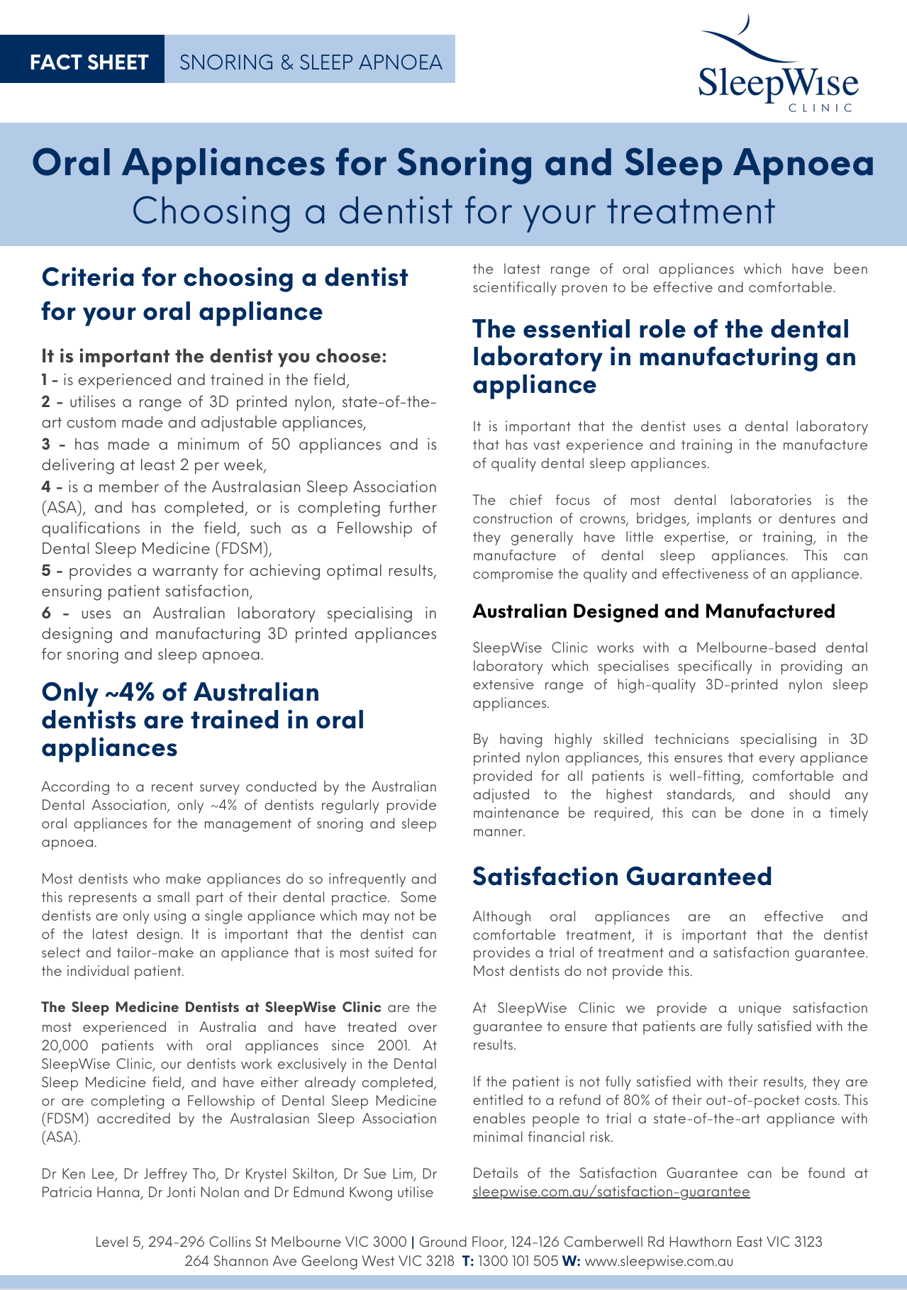 Fact sheet for patients and general medical practitioner about how to choose a dentist for snoring and sleep apnoea oral appliances