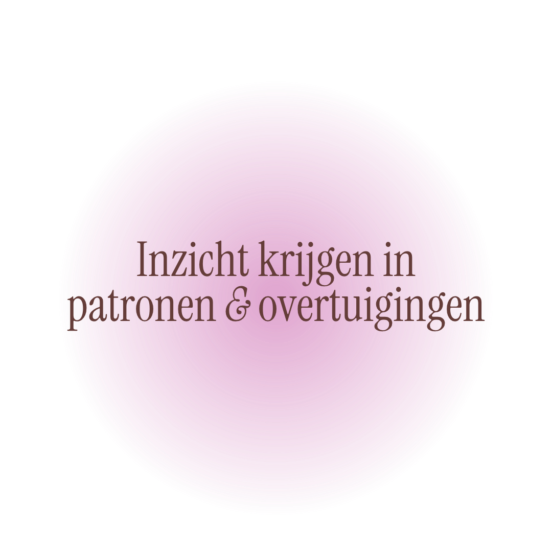 De afbeelding bevat een roze cirkel met de tekst 'Inzicht krijgen in patronen & overtuigingen'.