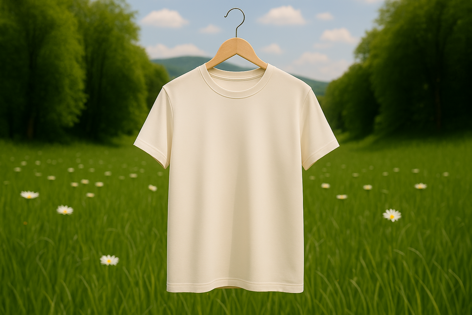 A white t-shirt hanging on a wooden hanger in front of a green field with trees and a blue sky with clouds.