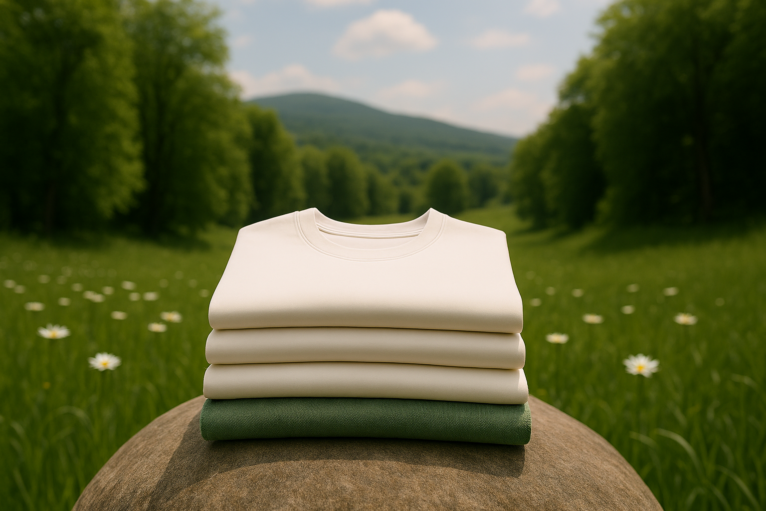 Stacked white and green folded clothes on a rock with a scenic green landscape and trees in the background.