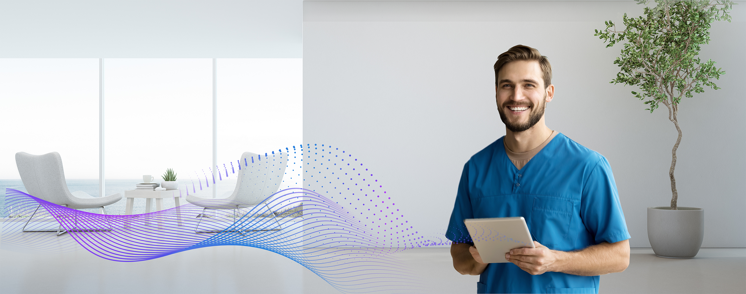 A smiling male healthcare professional in blue scrubs holding a tablet in a modern, bright office with large windows, a potted plant, and abstract colored wave patterns.