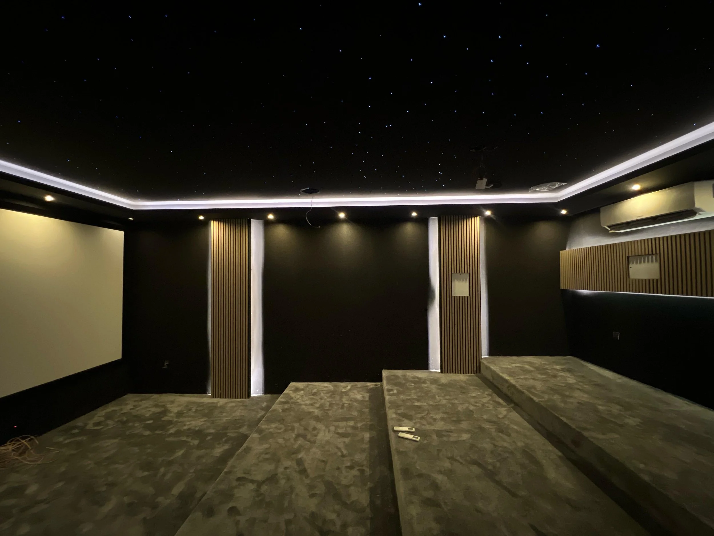 Interior view of a room with a starry ceiling, wall-mounted lights, wooden panels, and carpeted floor.