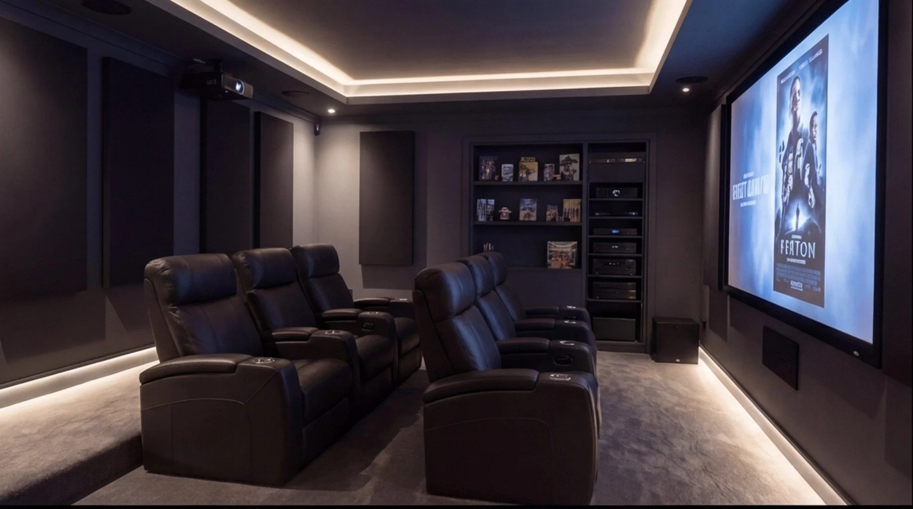 A modern home theater room with six black leather recliners arranged in two rows, a large screen displaying a movie poster, and built-in shelves with movies and equipment. The room has dim lighting and a gray carpet.