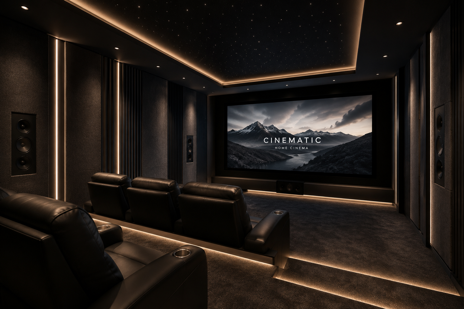 A luxury home movie theater with black leather recliners, dark walls, starry ceiling, and a large screen displaying mountains and water with the words "CINEMATIC HOME CINEMA".