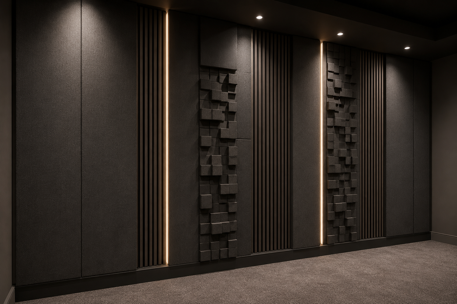 A modern black acoustic wall with vertical wooden slats and geometric sound-absorbing panels, accented by vertical LED lights, in a dimly lit room.