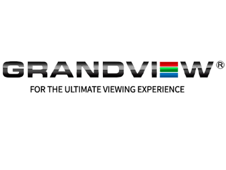 Grandview logo with a black background, metallic silver text, and a colorful striped square as the letter V