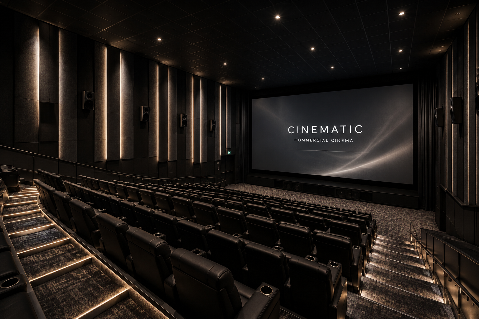 Inside a modern, upscale cinema theater with multiple rows of black leather seats, a large screen displaying 'CINEMATIC COMMERCIAL CINEMA', and dim, ambient lighting.