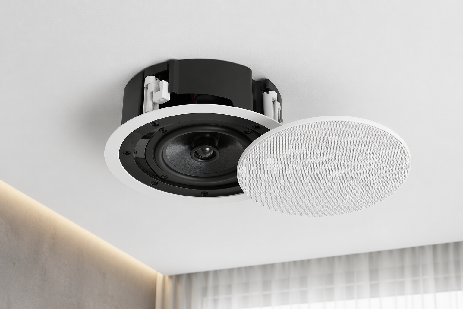 Ceiling speaker with a cover pulled down on a white ceiling