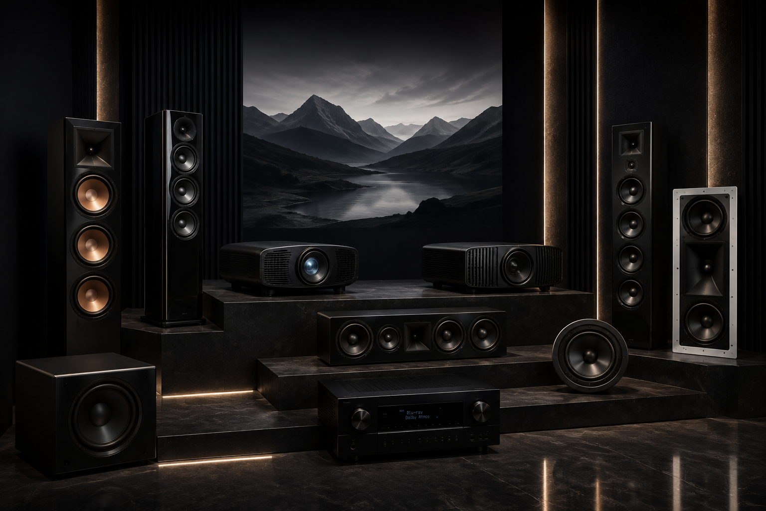 A home theater setup with multiple black speakers of various sizes, a black receiver on a dark marble surface, and a framed landscape picture of mountains and a lake on the wall.