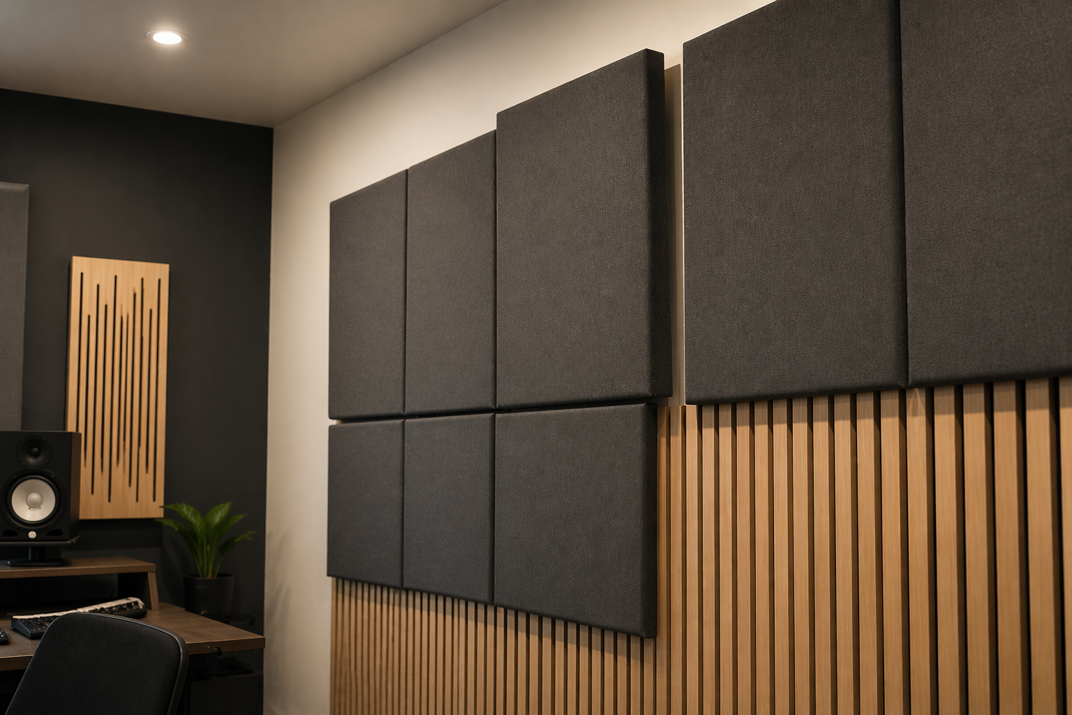 Soundproofed recording studio wall with black and wooden acoustic panels, a speaker on a desk, and a plant in the corner.