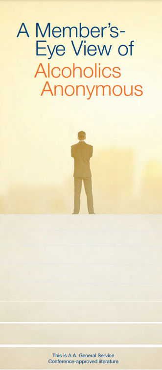 Book cover titled 'A Member's Eye View of Alcoholics Anonymous' with a silhouette of a person in a suit standing and looking at the wall. The cover indicates it is AA general service conference-approved literature.