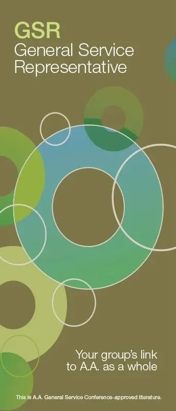 A brochure cover for GSR, General Service Representative, with a green and blue abstract circular design and text about linking a group's link to Alcoholics Anonymous.