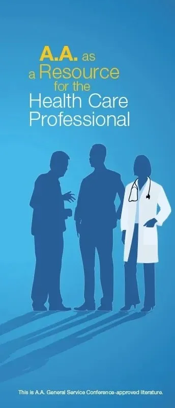 Silhouettes of two men and one woman in medical attire with a stethoscope, set against a blue background, with text about A.A. as a resource for healthcare professionals.
