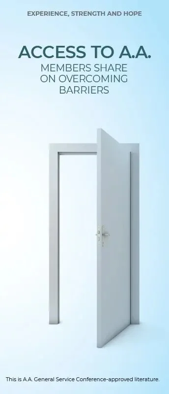 Open door with a blue background and text about access to Alcoholics Anonymous, sharing members' experiences, strength, and hope, with a note about conference-approved literature.