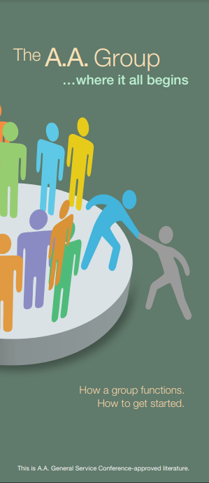 Illustration of colorful human figures standing on a circular platform with two figures reaching out to help each other, emphasizing support and community, with text about Alcoholics Anonymous and how the group functions.
