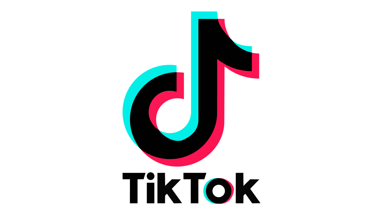The TikTok logo with stylized black, red, and cyan colors.