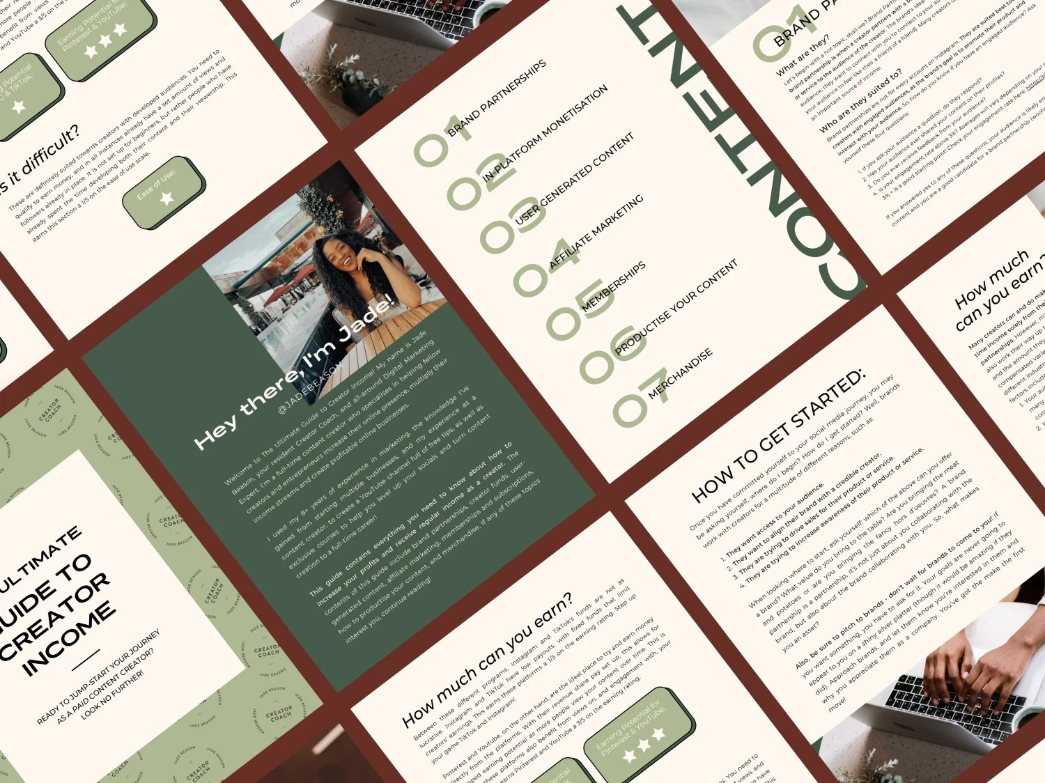 A collage of marketing and branding informational slides, with one highlighted slide introducing Jade, a content creator, alongside various slides discussing brand partnerships, monetization, and starting a creator income.