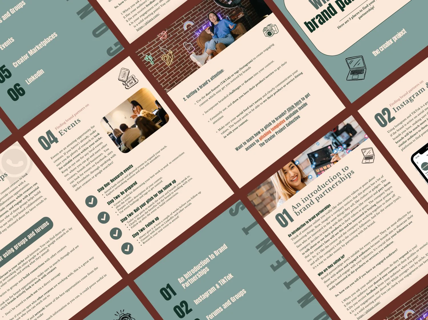 A collage of informational slides about branding, marketing, and social media strategies, featuring text, images of people, icons, and colorful illustrations.