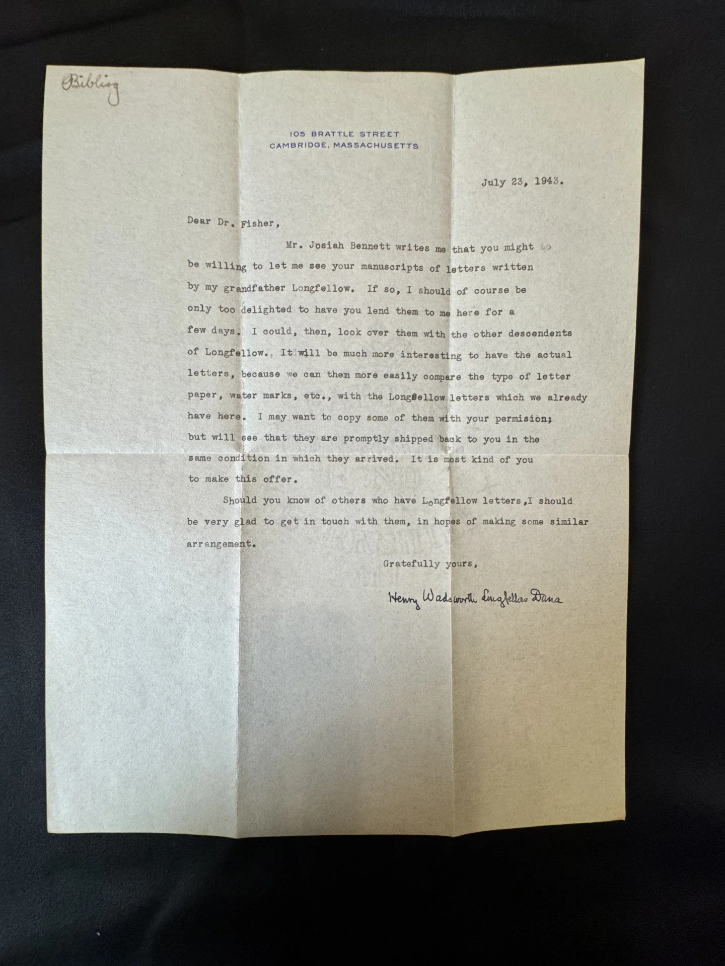 Henry Wadsworth Longfellow’s Grandson Seeks Original Longfellow 
Letters, 1943