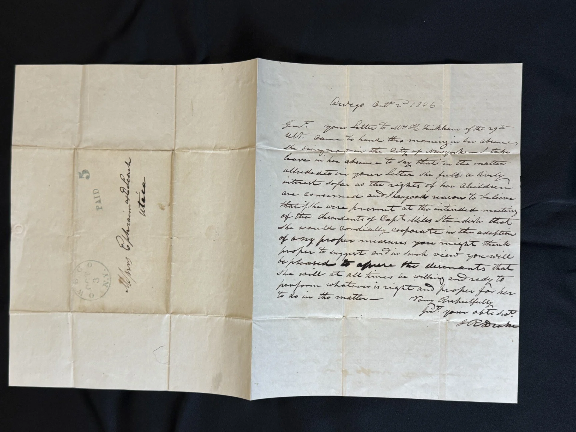 1846 Letter Documenting Mayflower Passenger Captain Myles Standish’s Descendants’ Claim to Lands Identified in His 1656 Will