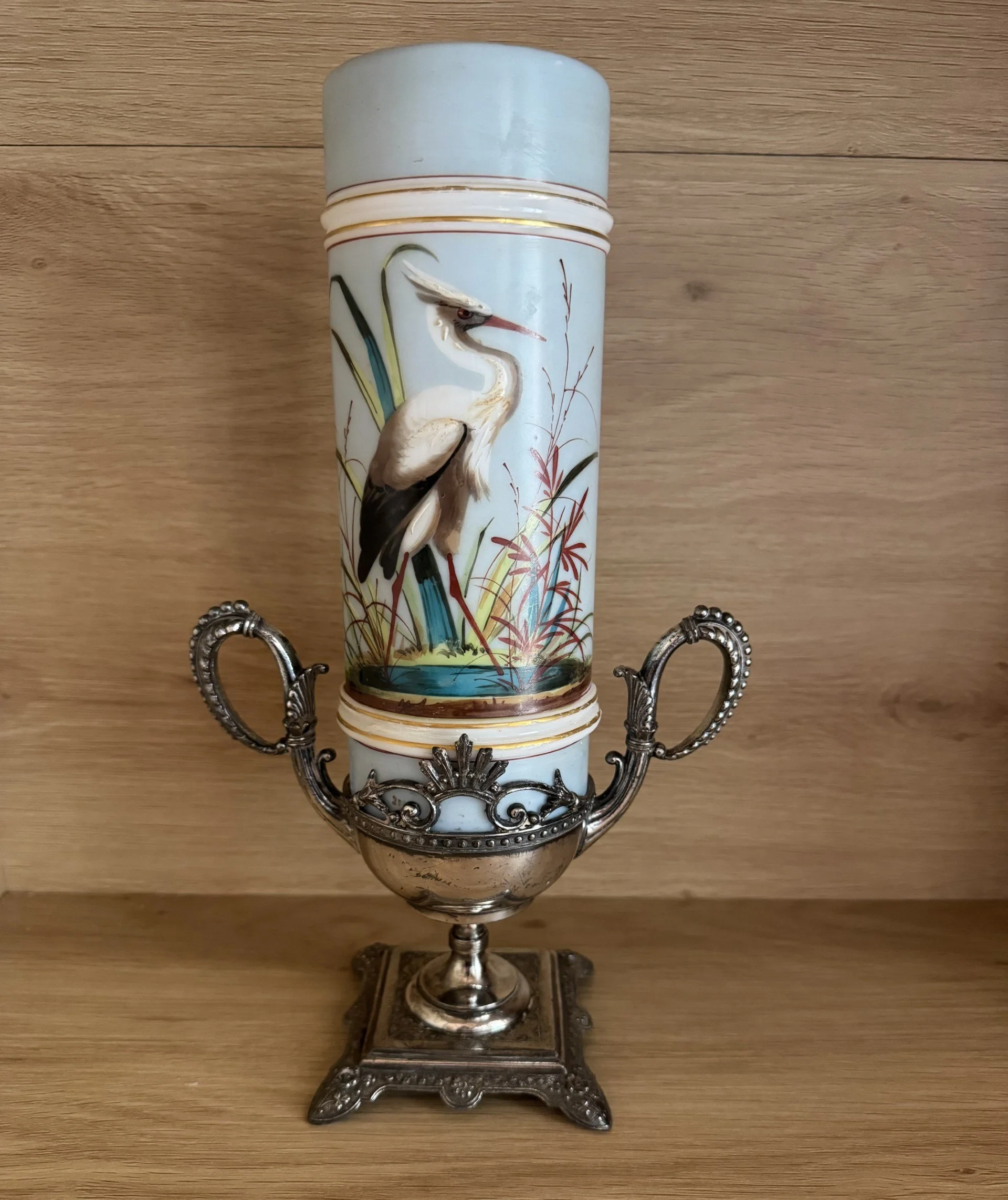James W. Tufts — Silverplate, Art Glass, and a Heron Among the Reeds